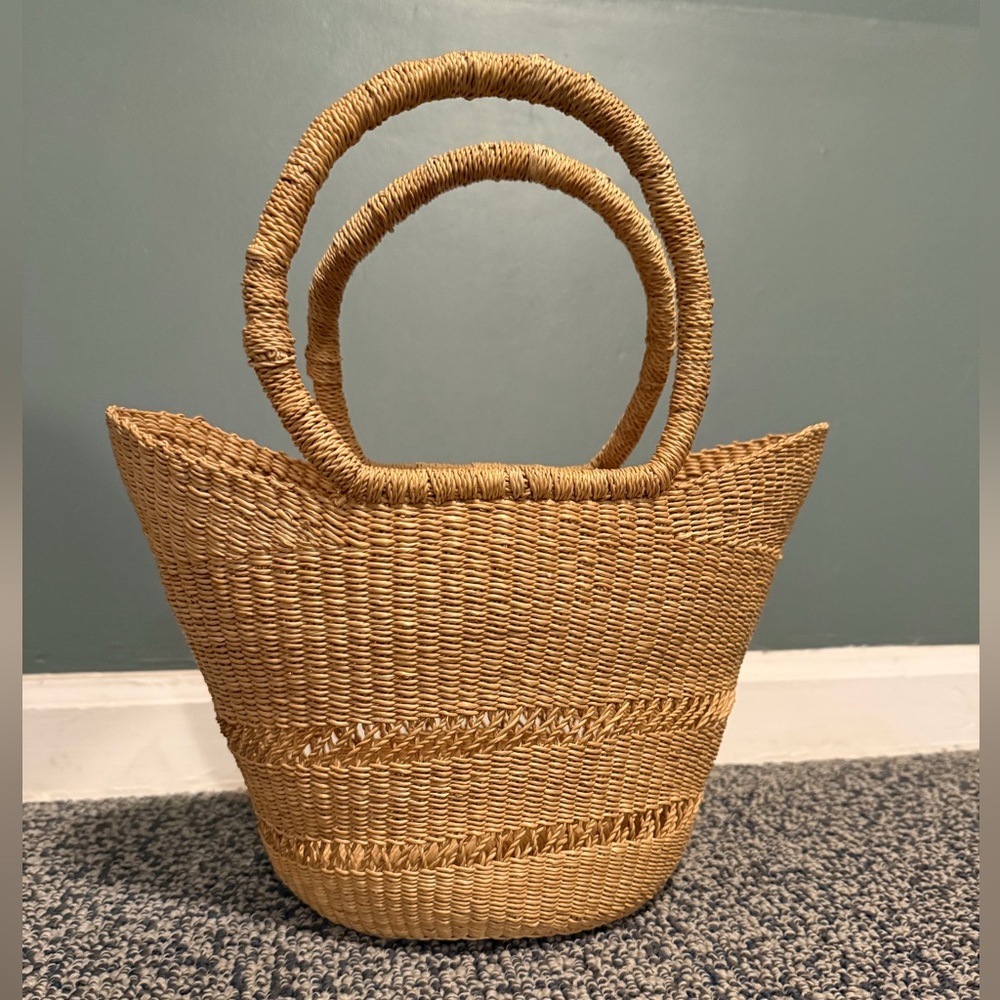 Woven Straw Tote Basket Bucket Bag in Natural Tan